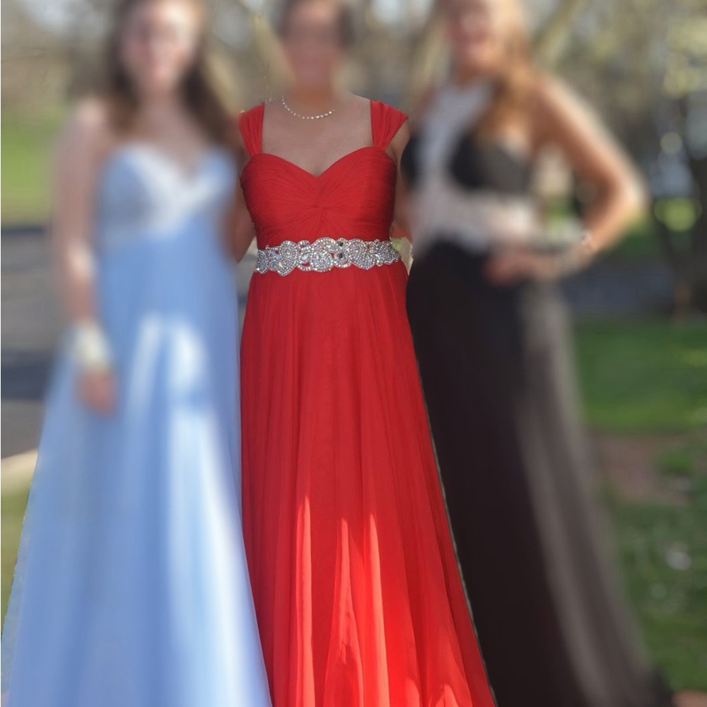 Jovani Vibrant Red Formal Dress with Silver Accents